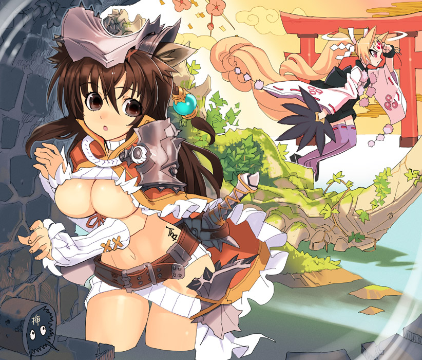 sanbasou, original, 2girls, adapted uniform, animal ears, belt, blonde hair, breasts, brown eyes, brown hair, japanese clothes, large breasts, long hair, miko, multiple girls, red eyes, shoulder pads, sword, thighhighs, underboob, water, weapon