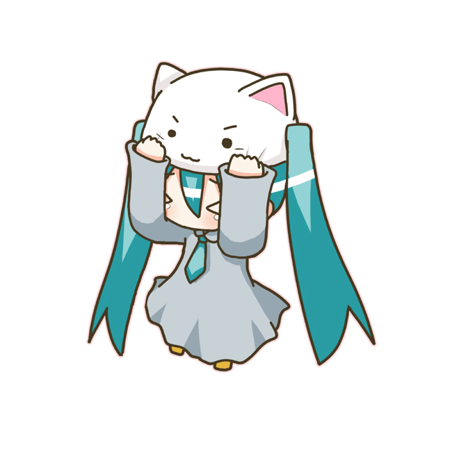 minami (colorful palette), chibi miku, hatsune miku, toeto (vocaloid), vocaloid, commentary, >:3, > <, 1girl, :3, animal hat, aqua hair, cat hat, chibi, closed eyes, female focus, hat, necktie, simple background, solo, tears, twintails, v-shaped eyebrows
