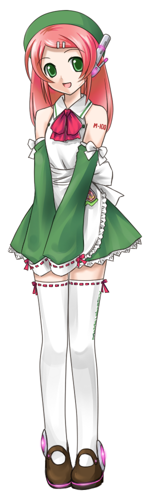 momomomo, momone momo, utau, vocaloid, long image, tall image, apron, brown shoes, detached sleeves, dress, full body, hair ornament, hairclip, hat, headphones, long hair, pink hair, shoes, short dress, smile, solo, thighhighs, transparent background, zettai ryouiki