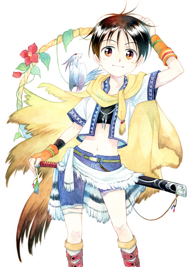 agahari, original, bad id, bad pixiv id, gender request, androgynous, bird, cape, flat chest, midriff, short hair, shorts, smile, solo, sword, weapon