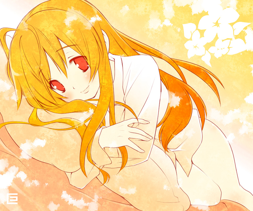 eretto, asahina mikuru, suzumiya haruhi no yuuutsu, 00s, 1girl, bed, blush, female focus, food, fruit, hugging object, long hair, lying, orange (fruit), orange hair, orange theme, pajamas, pillow, pillow hug, red eyes, smile, solo
