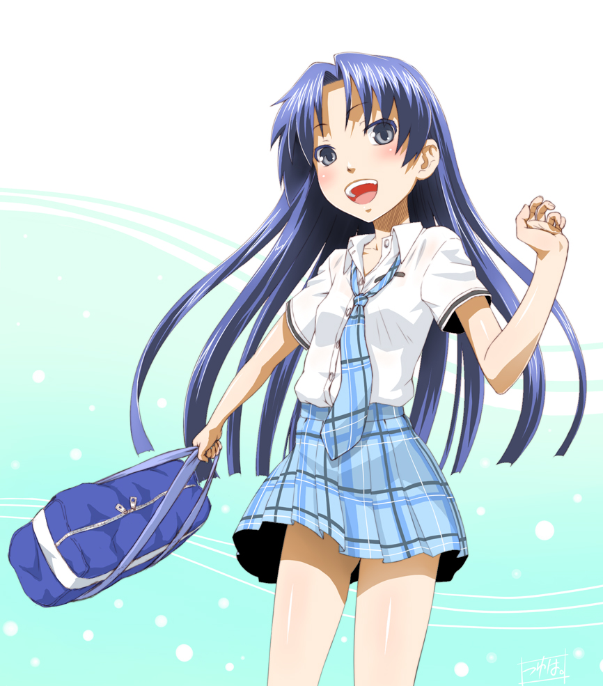 minazuki tsuyuha, kisaragi chihaya, idolmaster, idolmaster (classic), 00s, 1girl, bag, blue hair, blush, female focus, happy, long hair, necktie, rough time school, school uniform, skirt, solo