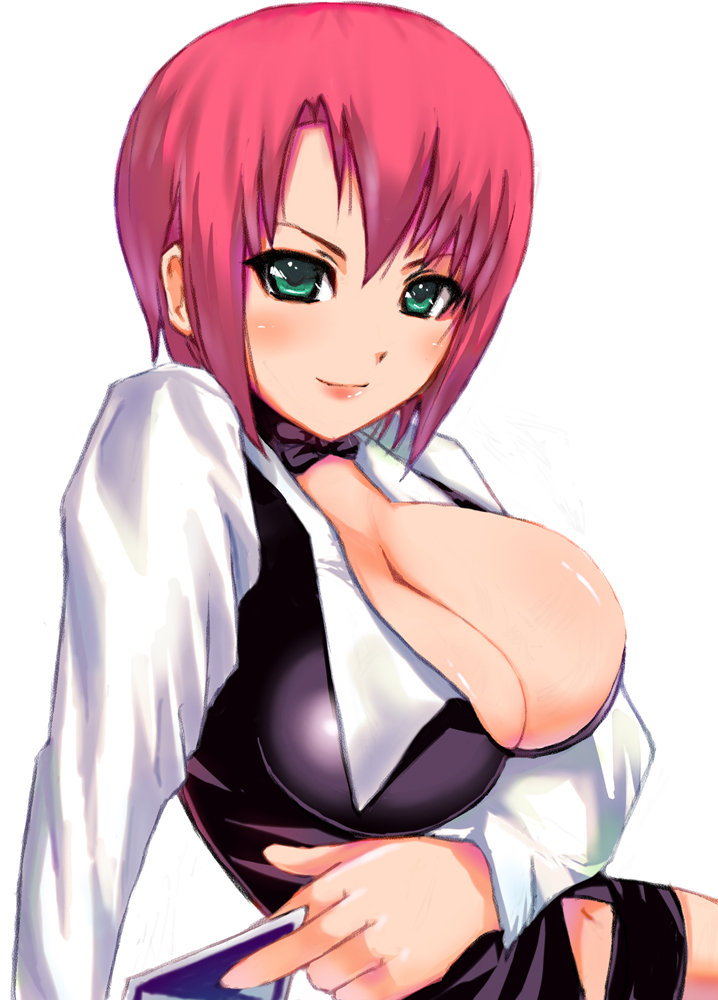 miyamoto issa, rio rollins, super blackjack, bad id, bad pixiv id, 1girl, breasts, card, cleavage, croupier, female focus, green eyes, holding, holding card, huge breasts, red hair, short hair, solo