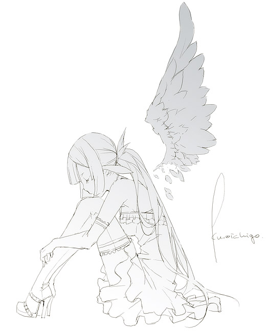 kyo (kuroichigo), 1girl, boots, closed eyes, dress, female focus, greyscale, high heels, hugging own legs, long hair, monochrome, ponytail, simple background, solo, thigh boots, thighhighs, white background, wings, zettai ryouiki