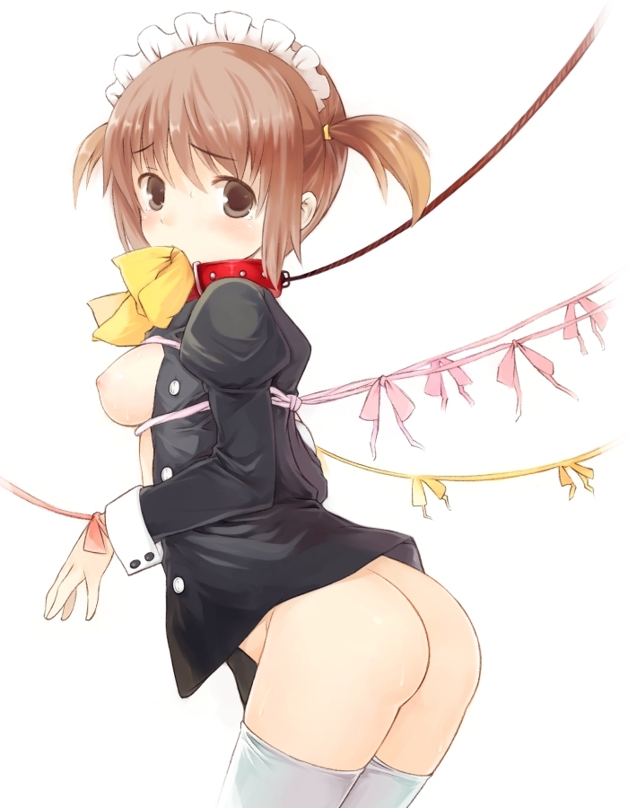 kurasuke, kurasuke's maid girl, original, 1girl, ass, bdsm, black eyes, blush, bondage, bottomless, bound, breasts, brown eyes, brown hair, collar, female focus, gagged, leash, looking at viewer, looking back, maid, maid headdress, medium breasts, mouth hold, nipples, no bra, open clothes, open shirt, shirt, short hair, short twintails, slave, solo, thighhighs, twintails, white thighhighs