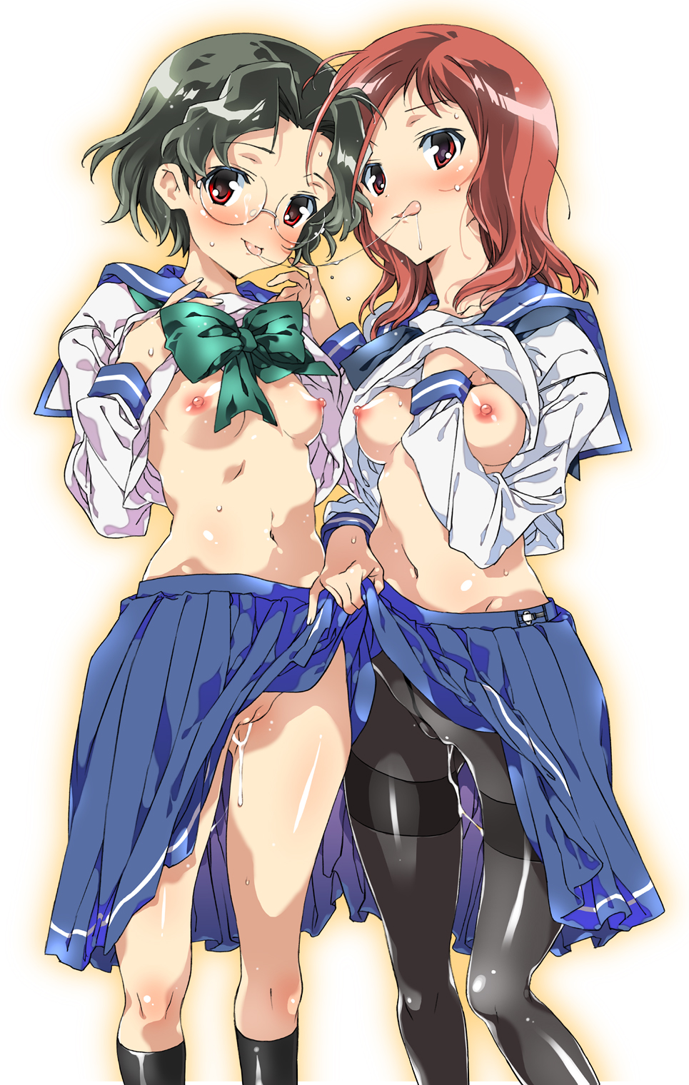kasuga souichi, someya mako, takei hisa, saki (manga), bad id, bad pixiv id, highres, 00s, 2girls, blush, breasts, clothes lift, glasses, green hair, multiple girls, nipples, no panties, pantyhose, pussy, pussy juice, red eyes, red hair, ribbon, saliva, saliva trail, school uniform, serafuku, short hair, skirt, skirt lift, smile, socks, thighband pantyhose, tongue, uncensored, undressing, yuri