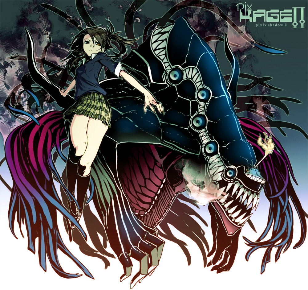 kahadu (kawazu), pixiv, pixiv shadow, black hair, boots, brown eyes, legs, monster, skirt