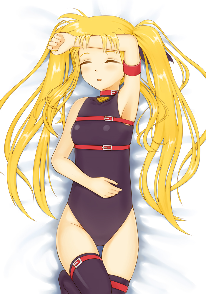 urue, fate testarossa, fate testarossa (original form), lyrical nanoha, mahou shoujo lyrical nanoha, bad id, bad pixiv id, 00s, 1girl, armpits, belt, blonde hair, blush, child, female focus, flat chest, leotard, long hair, lying, on back, sleeping, solo, thighhighs, twintails