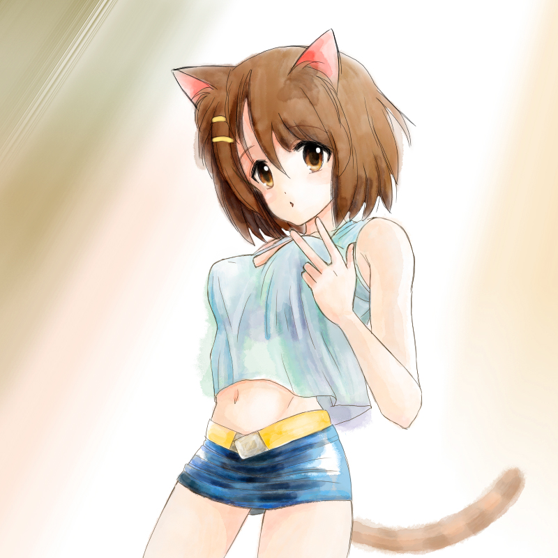 suika m, hirasawa yui, k-on!, 00s, 1girl, animal ears, breasts, brown eyes, brown hair, casual, cat ears, cat girl, cat tail, female focus, gradient background, navel, short hair, solo, tail, white background