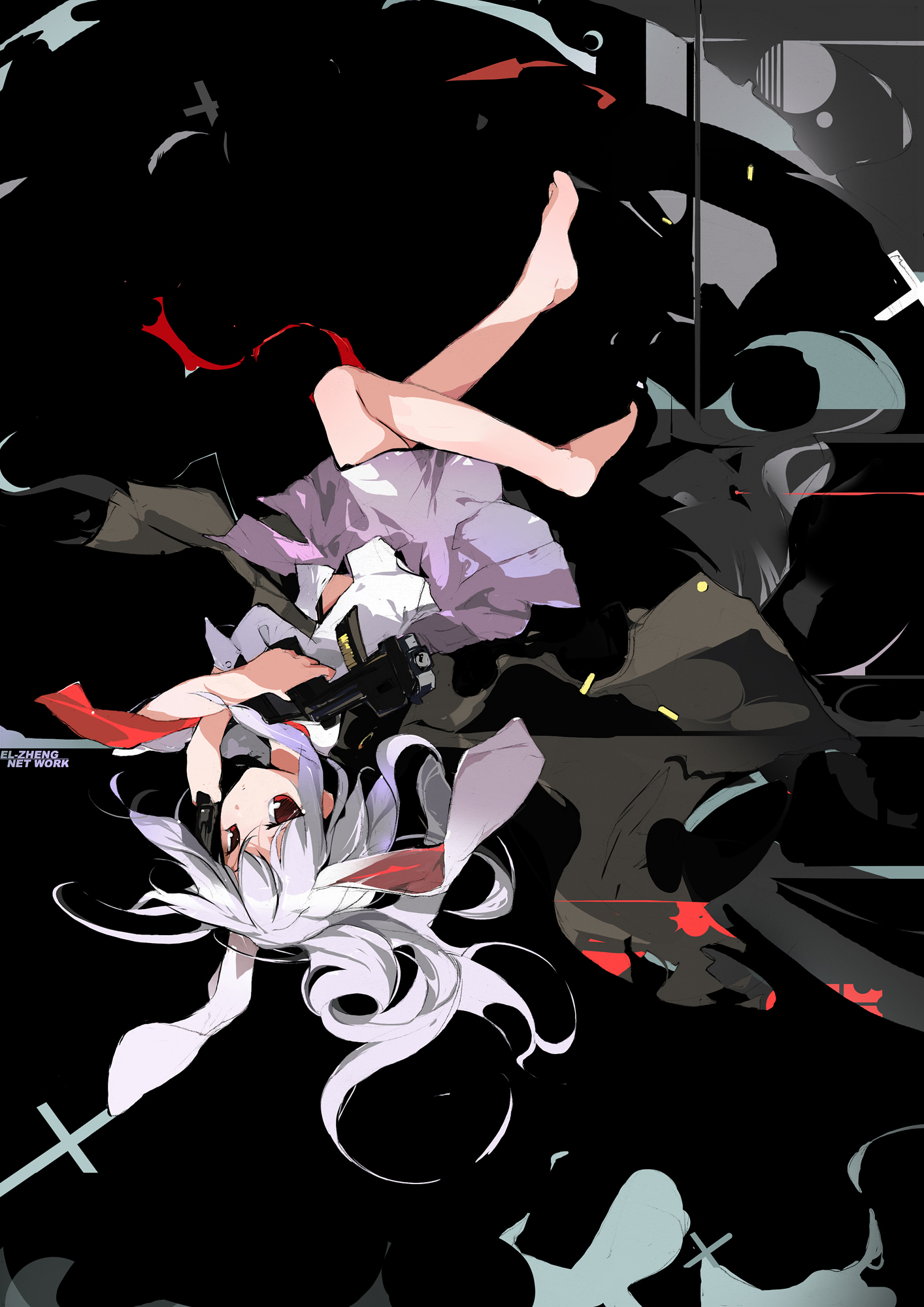 dan evan, reisen udongein inaba, touhou, light purple hair, highres, 1girl, animal ears, barefoot, blazer, bullet, cross, dual wielding, feet, female focus, firing, gun, hands on own hips, holding, jacket, long hair, necktie, rabbit ears, red eyes, skirt, solo, submachine gun, upside-down, weapon, white hair