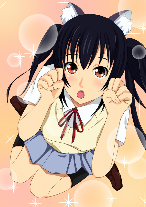 kishida-shiki, nakano azusa, k-on!, 00s, 1girl, animal ears, black hair, cat ears, cat girl, female focus, full body, paw pose, school uniform, solo, twintails