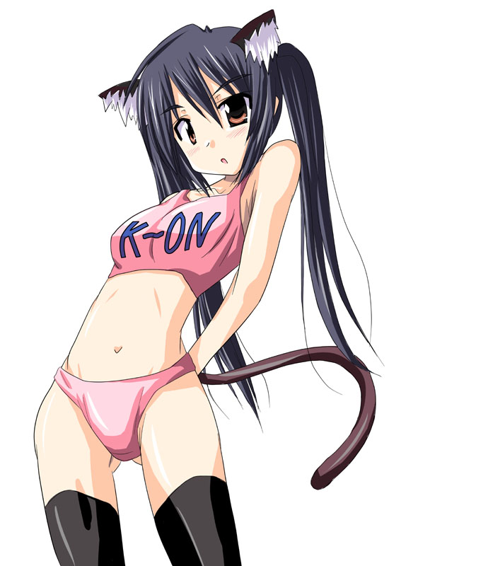 mister (black and white), nakano azusa, k-on!, bad id, bad pixiv id, 00s, 1girl, animal ears, bikini, black hair, brown eyes, cat ears, cat girl, female focus, long hair, pink bikini, simple background, solo, sports bikini, swimsuit, thighhighs, twintails, white background