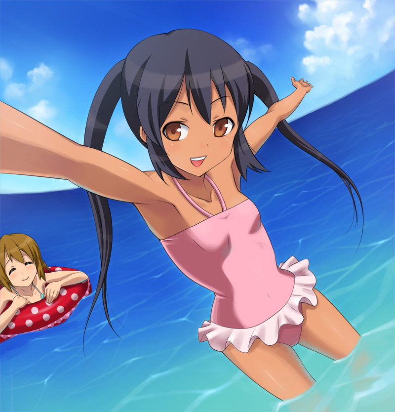 hashi, hirasawa yui, nakano azusa, k-on!, bad id, bad pixiv id, 00s, 2girls, armpits, black hair, brown eyes, closed eyes, flat chest, foreshortening, innertube, long hair, multiple girls, one-piece swimsuit, outstretched arms, pink one-piece swimsuit, polka dot, spread arms, swim ring, swimsuit, tan, twintails, wading, water