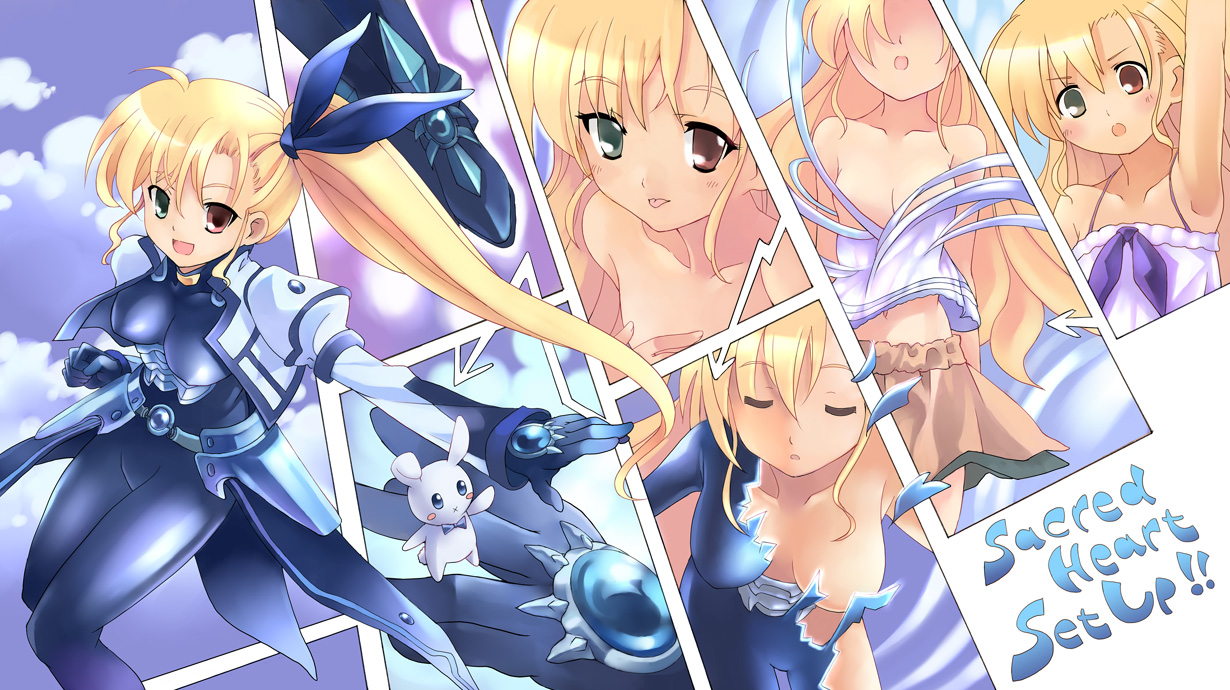 kouno hikaru, sacred heart, vivio, lyrical nanoha, mahou shoujo lyrical nanoha, mahou shoujo lyrical nanoha vivid, bad id, bad pixiv id, 10s, 1girl, :p, blonde hair, blush, bodysuit, breasts, closed eyes, henshin, heterochromia, large breasts, long hair, side ponytail, skirt, smile, tongue, tongue out, transformation