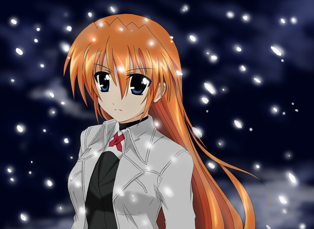 wakipiyo, wakita piyosuke, teana lanster, lyrical nanoha, mahou shoujo lyrical nanoha, mahou shoujo lyrical nanoha strikers, 00s, coat, long hair, snow, solo