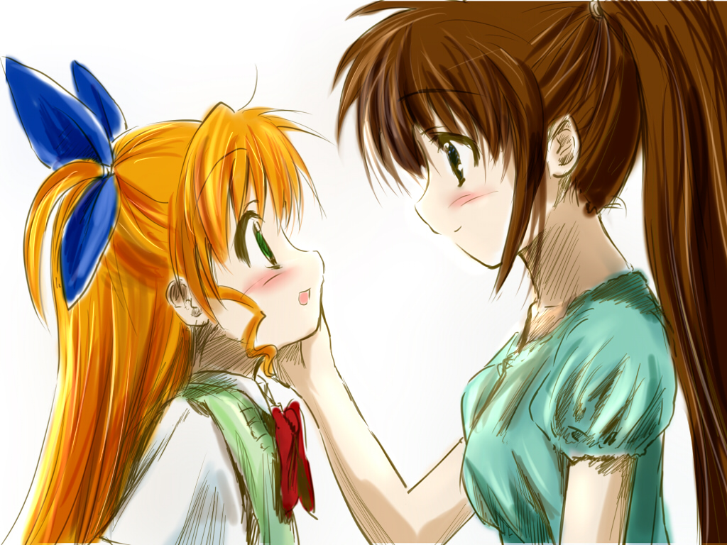 kohinore, takamachi nanoha, vivio, lyrical nanoha, mahou shoujo lyrical nanoha, mahou shoujo lyrical nanoha strikers, bad id, bad pixiv id, 00s, 2girls, blue ribbon, blush, bow, bowtie, eye contact, hair ribbon, hand on another's cheek, hand on another's face, looking at another, mother and daughter, multiple girls, ponytail, red bow, red bowtie, ribbon, school uniform, side ponytail, simple background, white background