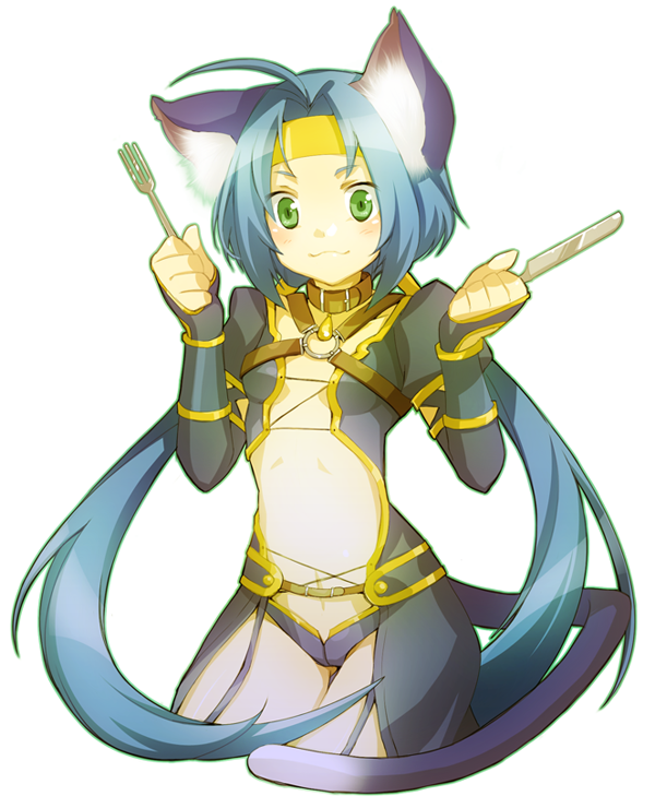 agi, meracle chamlotte, star ocean, star ocean: the last hope, 1girl, ahoge, animal ears, blue hair, cat ears, cat tail, female focus, fork, green eyes, knife, long hair, o-ring, simple background, solo, tail, white background