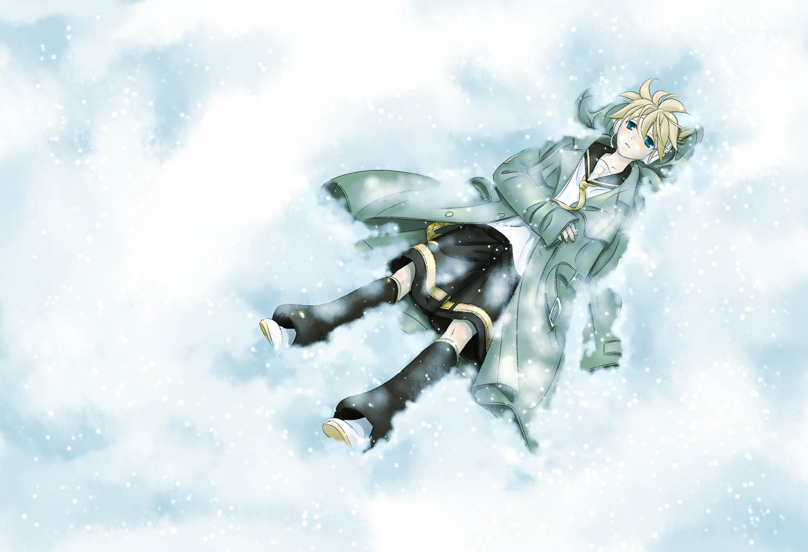 paraiso, kagamine len, vocaloid, highres, 1boy, blonde hair, blue eyes, coat, from above, gradient background, headphones, headset, lying, male focus, necktie, on back, outdoors, short hair, shorts, snow, solo, white background