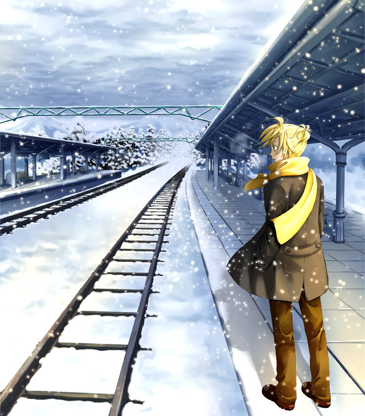 paraiso, kagamine len, vocaloid, 1boy, back, blonde hair, blue eyes, brown shoes, coat, full body, hand in pocket, looking to the side, male focus, outdoors, pants, profile, railroad tracks, ribbon, scarf, shoes, short hair, sky, snow, snowing, solo, standing, steam, train station