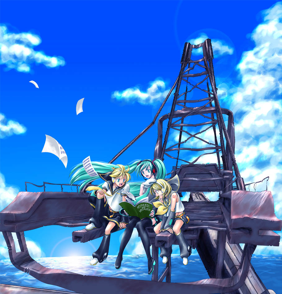 paraiso, hatsune miku, kagamine len, kagamine rin, vocaloid, 1boy, 2girls, aqua eyes, aqua hair, blonde hair, blue eyes, day, detached sleeves, hair ornament, hair ribbon, hairclip, headphones, long hair, multiple girls, necktie, ribbon, sheet music, short hair, siblings, skirt, sky, thighhighs, twins, twintails, wind, zettai ryouiki