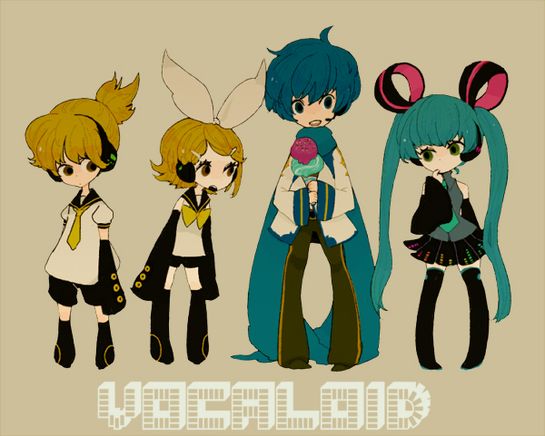l hakase, hatsune miku, kagamine len, kagamine rin, kaito (vocaloid), vocaloid, bad id, bad pixiv id, 2boys, 2girls, ahoge, aqua hair, blonde hair, blue eyes, blue hair, brown eyes, detached sleeves, food, green eyes, hair ornament, hair ribbon, hairclip, headphones, headset, ice cream, long hair, multiple boys, multiple girls, necktie, ribbon, scarf, short hair, skirt, thighhighs, twintails, zettai ryouiki