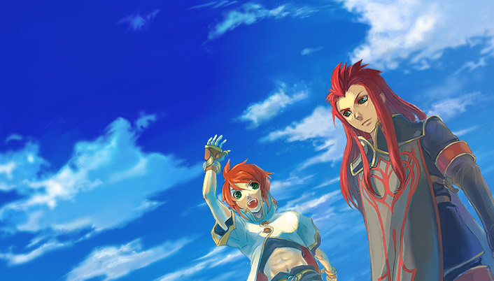 wataame (green tea), asch (tales), luke fon fabre, tales of (series), tales of the abyss, 00s, 2boys, blue background, cloud, day, gloves, green eyes, long hair, male focus, multiple boys, navel, outdoors, red hair, sky, smile, surcoat
