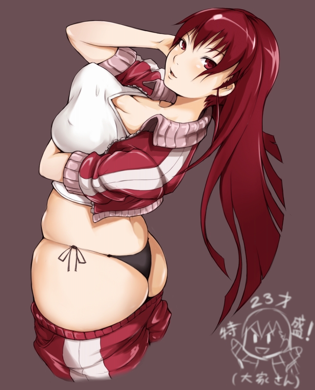 ina (gokihoihoi), mori hikiko, original, 1girl, ass, belly, bikini, blush, borrowed character, breasts, cleavage, covered erect nipples, cropped jacket, female focus, large breasts, long hair, panties, plump, red eyes, red hair, sleeves pushed up, solo, swimsuit, thong, track suit, underwear