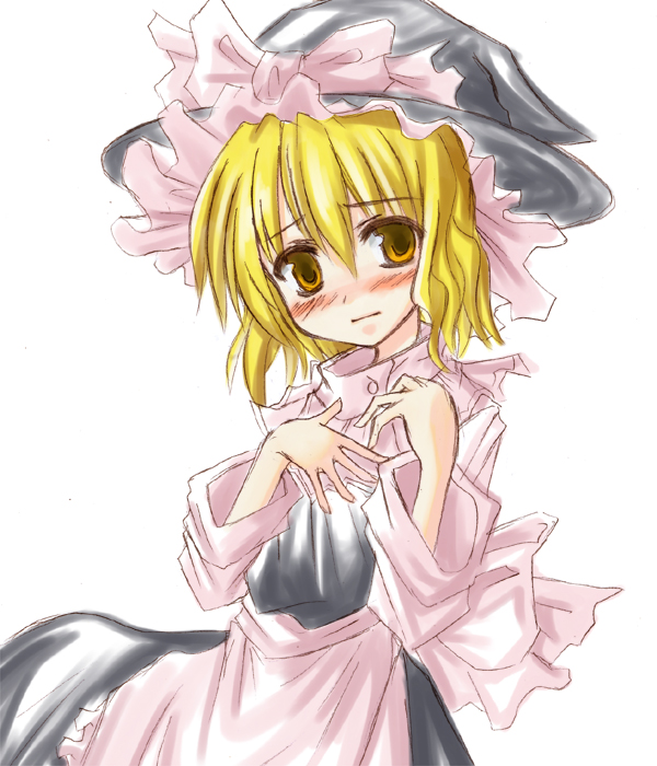 yuuji (itadon), kirisame marisa, touhou, 1girl, apron, blonde hair, blush, female focus, hat, ribbon, short hair, simple background, skirt, solo, white background, witch, witch hat, yellow eyes