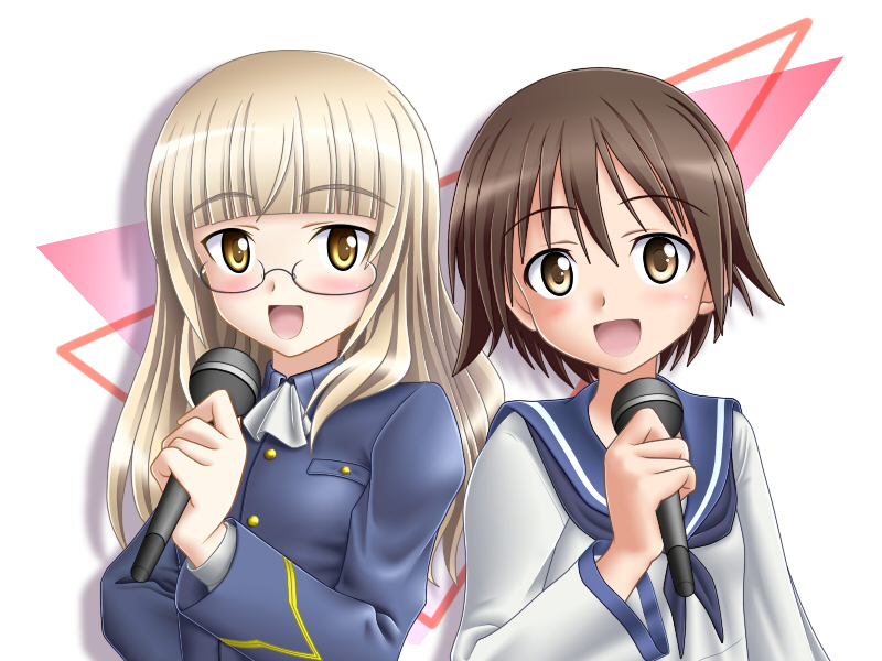 mushoku no hourousha, miyafuji yoshika, perrine h. clostermann, strike witches, world witches series, 00s, 2girls, blonde hair, blush, brown eyes, brown hair, glasses, long hair, microphone, multiple girls, music, school uniform, short hair, singing, yellow eyes