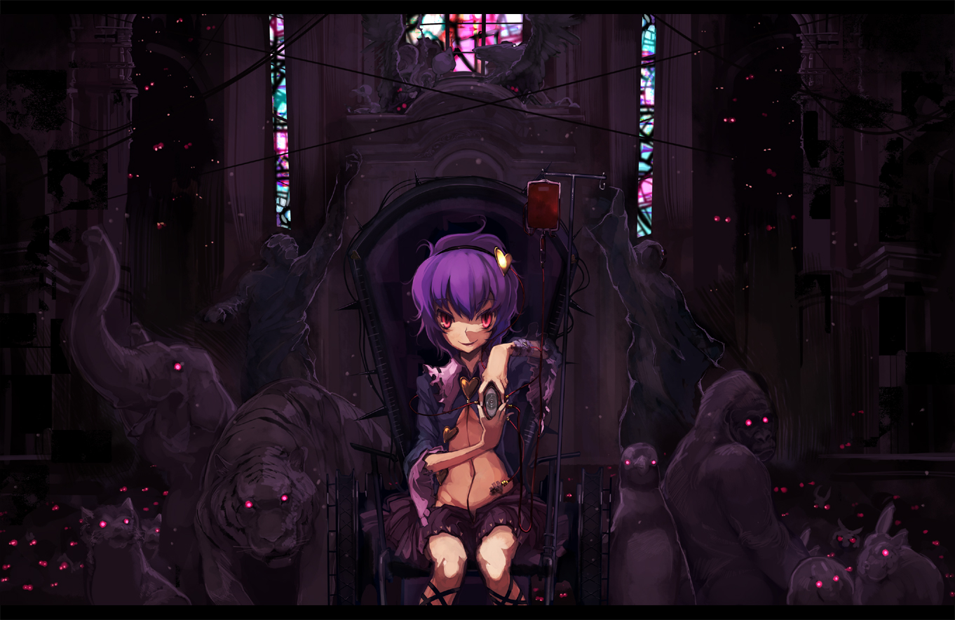 shimadoriru, komeiji satori, touhou, bad id, bad pixiv id, 1girl, animal, bird, dark, elephant, female focus, glowing, glowing eyes, gorilla, hairband, heart, intravenous drip, penguin, purple hair, rabbit, red eyes, short hair, solo, tiger