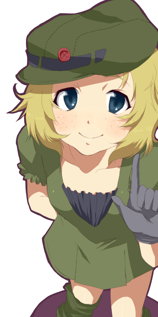 mellowd, zaku, zaku i, gundam, bad id, bad pixiv id, highres, blonde hair, blue eyes, blush, buttons, dress, flat cap, freckles, gloves, hat, loose socks, personification, rosy cheeks, short dress, short hair, smile, socks, solo