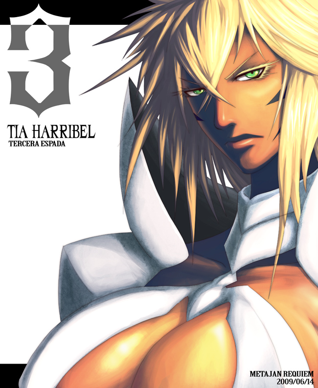 k-suwabe, tier harribel, bleach, spoilers, 00s, 1girl, arrancar, blonde hair, breasts, cleavage, dark-skinned female, dark skin, facial mark, female focus, green eyes, huge breasts, number tattoo, resurreccion, solo, tan, tattoo