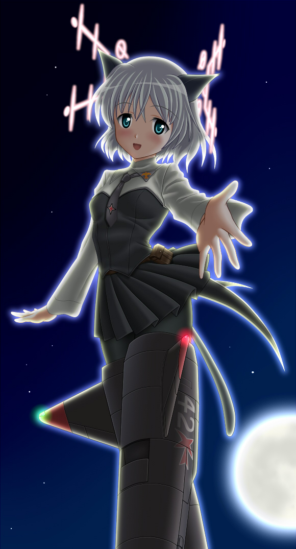 mushoku no hourousha, sanya v. litvyak, strike witches, world witches series, silver hair, uniform, 00s, 1girl, animal ears, antennae, black pantyhose, blush, cat ears, cat tail, female focus, green eyes, hirschgeweih antennas, moon, night, outstretched arm, outstretched hand, pantyhose, reaching, short hair, solo, star (symbol), striker unit, tail