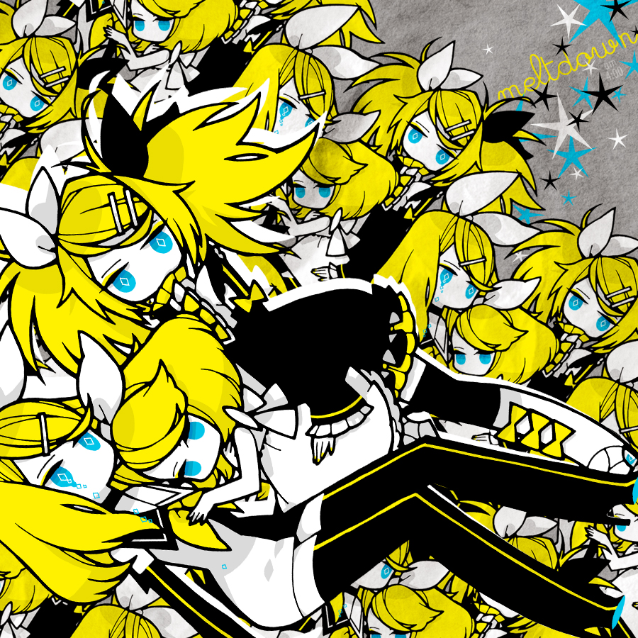 gozen4ji, gozen4ji (pixiv), kagamine rin, kagamine rin (reactor), kagamine rin (roshin yuukai), meltdown, roshin yuukai (vocaloid), vocaloid, 6+girls, aged up, alternate hairstyle, black thighhighs, blonde hair, blue eyes, boots, child, clone, detached sleeves, dress, elbow gloves, gloves, hair ornament, hair ribbon, hairclip, long hair, multiple girls, multiple persona, ribbon, sailor dress, thighhighs, twintails, zettai ryouiki