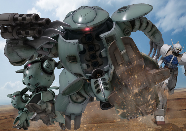 robographer, kapool, turn a gundam (mobile suit), gundam, turn a gundam, blue sky, cloud, day, dust, dutch angle, gatling gun, gun, looking at viewer, mecha, mud, no humans, one-eyed, pink eyes, robot, running, sky, weapon