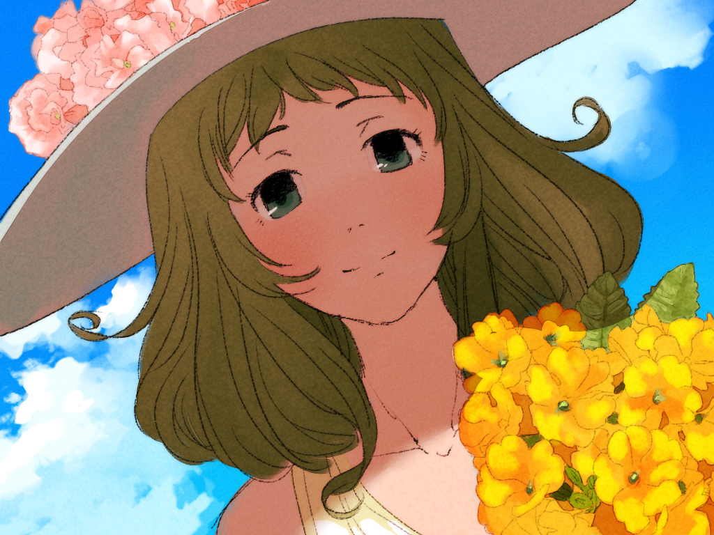 agata no michi, gumi, vocaloid, 1girl, cloud, day, female focus, flower, green eyes, green hair, hat, matching hair/eyes, outdoors, sky, smile, solo, sun hat