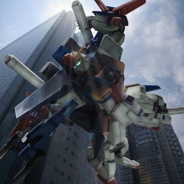 robographer, zz gundam, gundam, gundam zz, beam rifle, building, energy gun, falling, fighting stance, gun, mecha, no humans, outdoors, photorealistic, ready to draw, realistic, robot, sky, solo, weapon