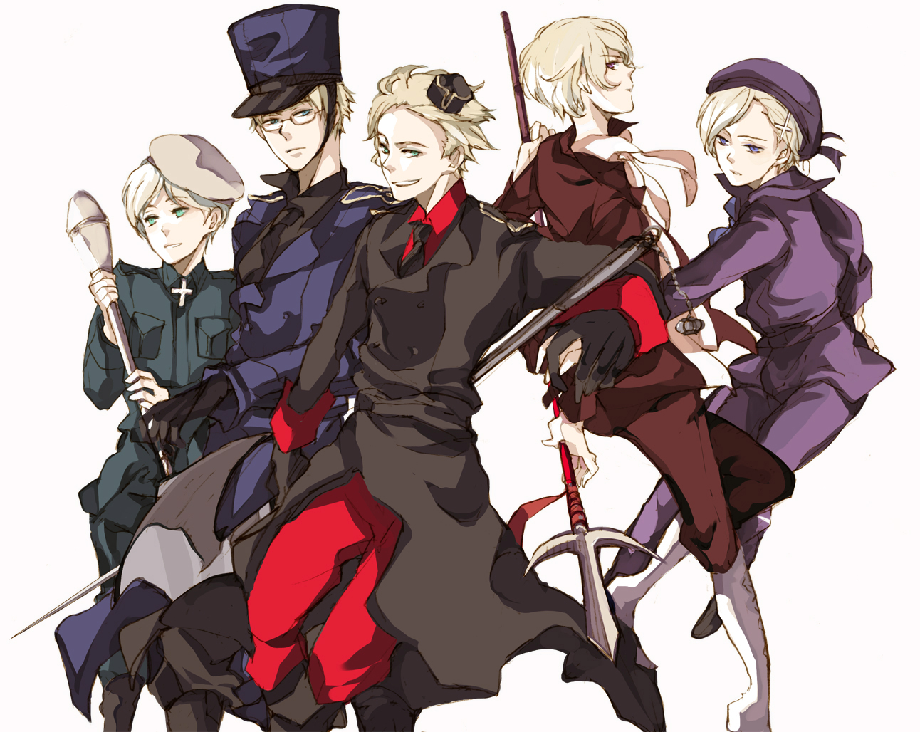 suou (sdurorhr), denmark (hetalia), finland (hetalia), iceland (hetalia), norway (hetalia), sweden (hetalia), axis powers hetalia, bad id, bad pixiv id, 00s, 5boys, axe, beret, blonde hair, blue eyes, boots, coat, color connection, cross, garrison cap, gloves, green eyes, hair ornament, hairclip, hat, male focus, military, military uniform, multiple boys, necktie, polearm, purple eyes, sailor, sailor collar, sailor hat, shako cap, short hair, trench coat, weapon