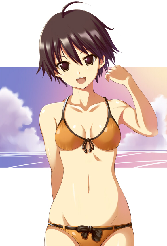 kisugi akira, nao (dream c club), dream c club, dream c club (series), 1girl, :d, ahoge, beach, bikini, blush, breasts, brown eyes, brown hair, cleavage, female focus, front-tie top, groin, navel, ocean, open mouth, orange bikini, short hair, simple background, smile, solo, swimsuit, tomboy