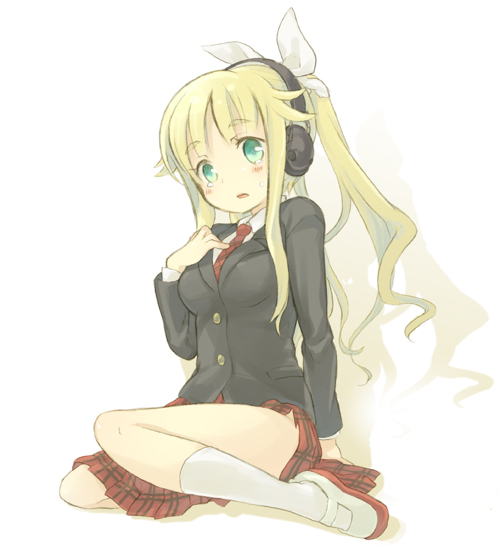 tachitsu teto, enid smith, gakuen kino, kino no tabi, 00s, 1girl, blazer, blonde hair, blush, breasts, female focus, green eyes, hair ribbon, hand on own chest, headphones, jacket, kneeling, long hair, medium breasts, ponytail, ribbon, school uniform, shoes, sitting, skirt, socks, solo, tears, thighs, uwabaki, yokozuwari