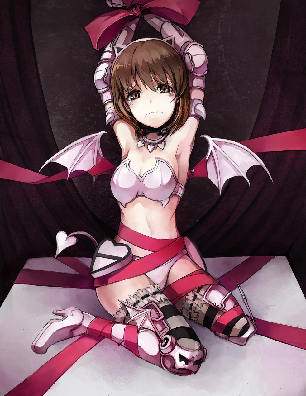 pos (shiratama-ya), hagiwara yukiho, idolmaster, idolmaster (classic), bad id, bad pixiv id, highres, 00s, 1girl, armor, armpits, bdsm, blush, bondage, bound, bra, brown hair, demon girl, female focus, gauntlets, greaves, high heels, kneeling, lingerie, midriff, nightmare blood, ribbon, ribbon bondage, shoes, short hair, solo, striped clothes, striped thighhighs, tail, tears, thighhighs, underwear, wavy mouth, wings