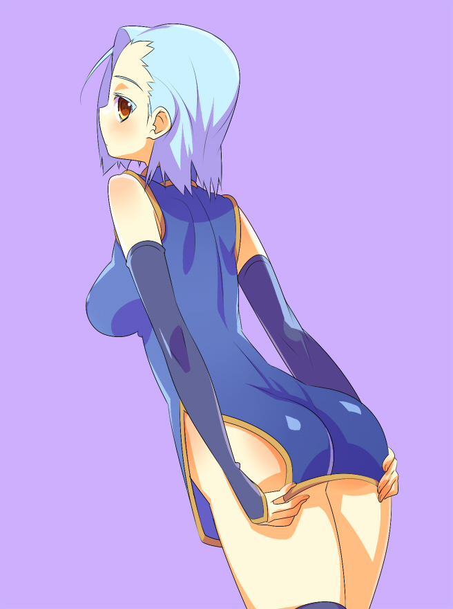 tensugi takashi, kakouen (koihime musou), koihime musou, bad id, bad pixiv id, 00s, 1girl, ass, blue hair, blush, brown eyes, china dress, chinese clothes, covering ass, covering privates, dress, elbow gloves, female focus, gloves, looking back, short hair, solo, thighhighs, thighs