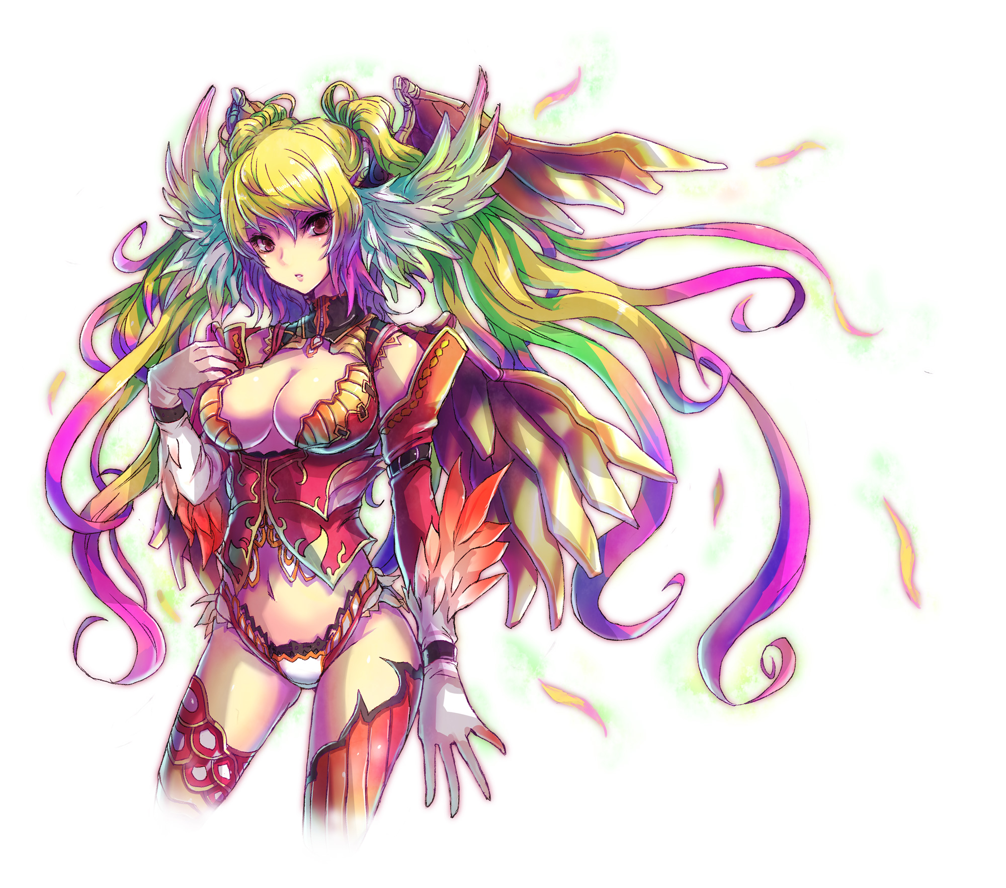 kara (color), original, highres, breasts, cleavage, detached sleeves, head wings, large breasts, long hair, multicolored hair, panties, red thighhighs, simple background, thighhighs, underwear, very long hair, white background, wings