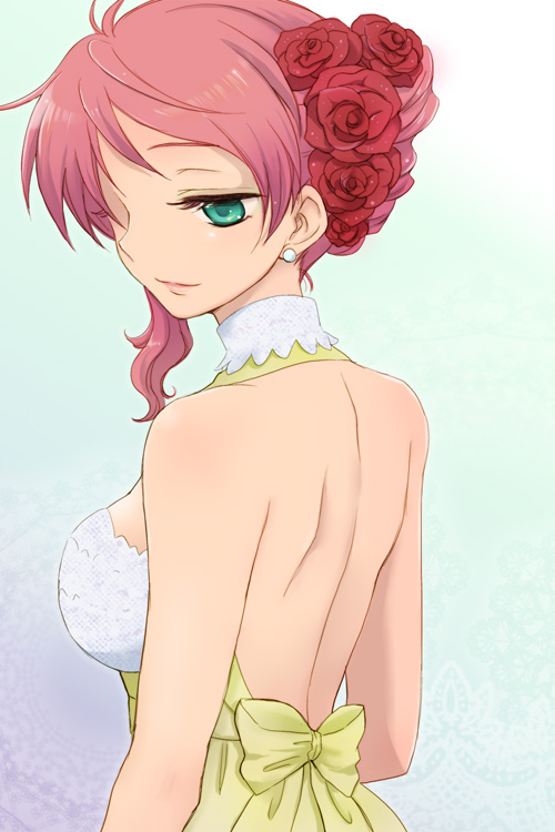 plum (arch), feldt grace, gundam, gundam 00, 00s, 1girl, back, bare shoulders, breasts, dress, earrings, eyelashes, eyeshadow, female focus, flower, formal clothes, green eyes, hair bun, hair flower, hair ornament, halterneck, jewelry, lace, lipstick, makeup, medium breasts, pink hair, ribbon, rose, sideboob, single hair bun, smile, solo, upper body