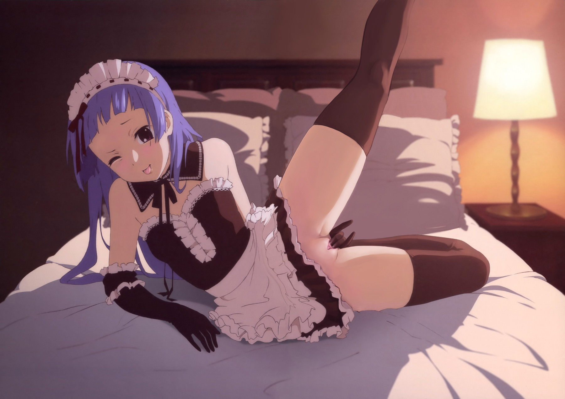 nagi, kannagi, highres, 00s, 1girl, ;p, bed, blunt bangs, female focus, female masturbation, hime cut, lamp, maid, masturbation, no panties, one eye closed, pussy, solo, tongue, tongue out, wink