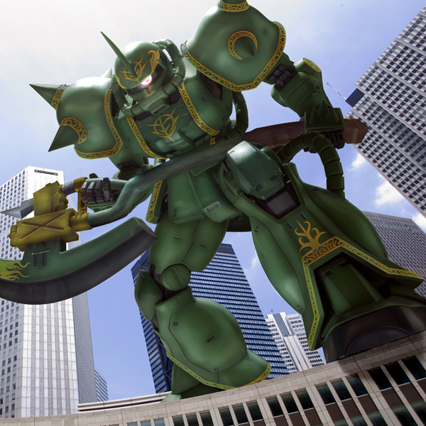 robographer, zaku, zaku ii, zaku ii f dozle zabi custom, gundam, gundam msv, mobile suit gundam, axe, building, from below, looking down, mecha, no humans, pov, robot, solo, weapon