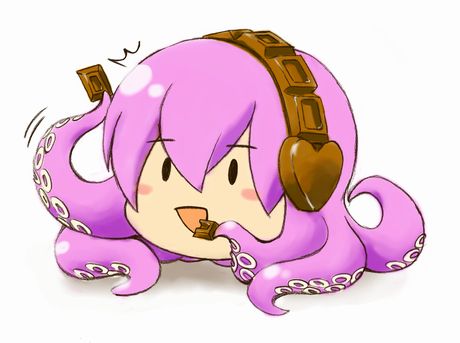 landolt tamaki, megurine luka, takoluka, vocaloid, commentary, lowres, chocolate, food as clothes, headphones, parody, pink hair, pun, simple background, tentacles, white background