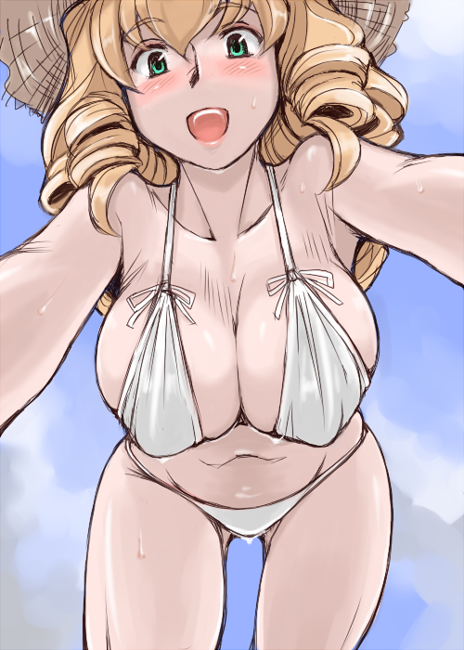 tsuda nanafushi, hinaichigo, rozen maiden, 00s, 1girl, aged up, bikini, blonde hair, blush, breasts, cleavage, day, drill hair, female focus, from below, green eyes, hat, large breasts, open mouth, sky, solo, straw hat, swimsuit, wet, white bikini