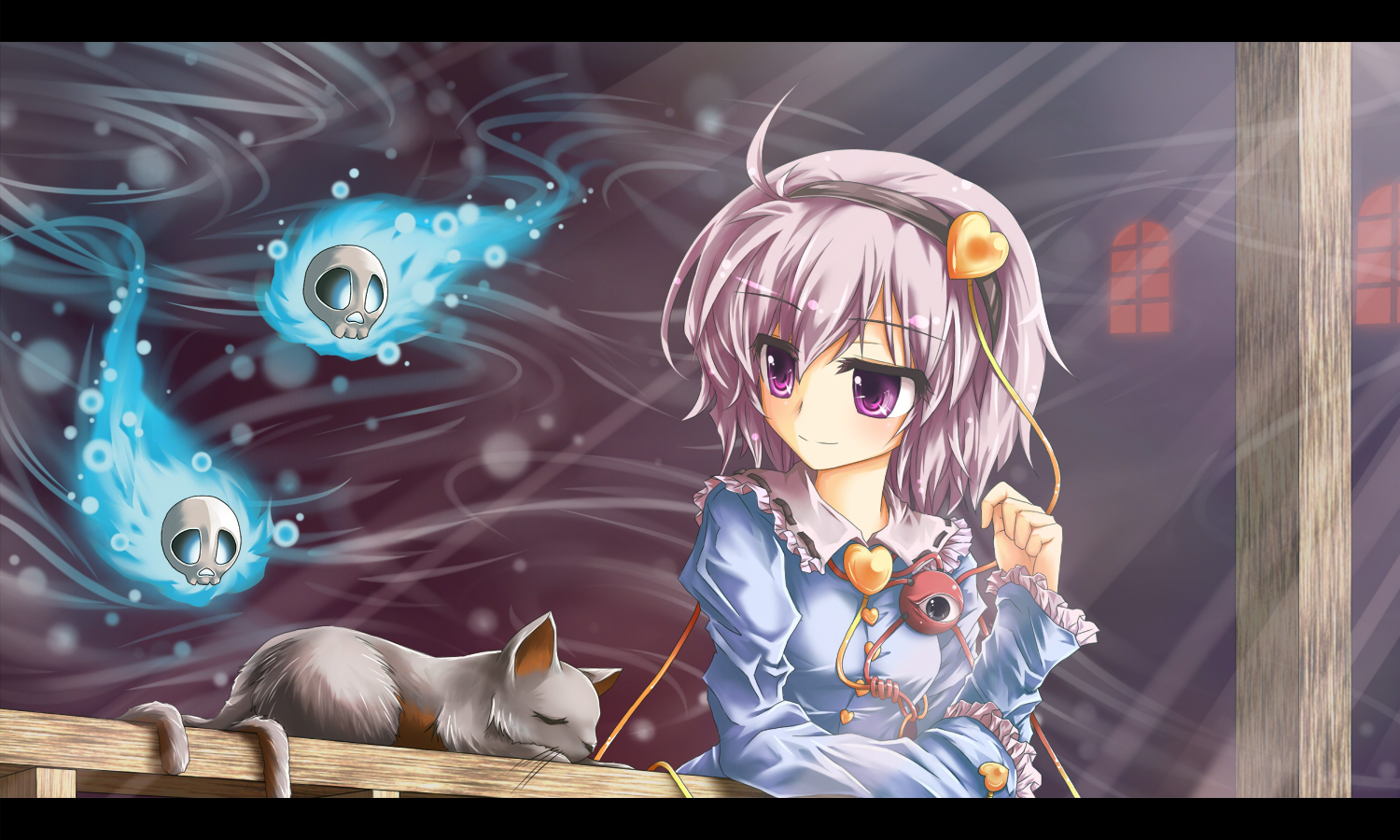 shake (pixiv), toshizaki shouma, kaenbyou rin, kaenbyou rin (cat), komeiji satori, touhou, bad id, bad pixiv id, 1girl, cat, female focus, floating skull, ghost, hairband, heart, pink hair, purple eyes, short hair, smile