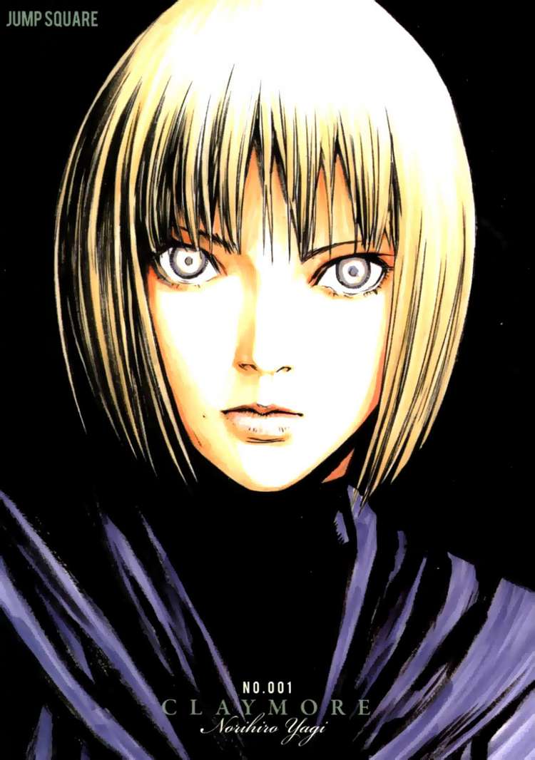 norihiro yagi, yagi norihiro, clare (claymore), claymore (series), scan, 00s, 1girl, black background, blonde hair, coat, crazy eyes, expressionless, female focus, grey eyes, lips, parted lips, short hair, simple background, solo, upper body